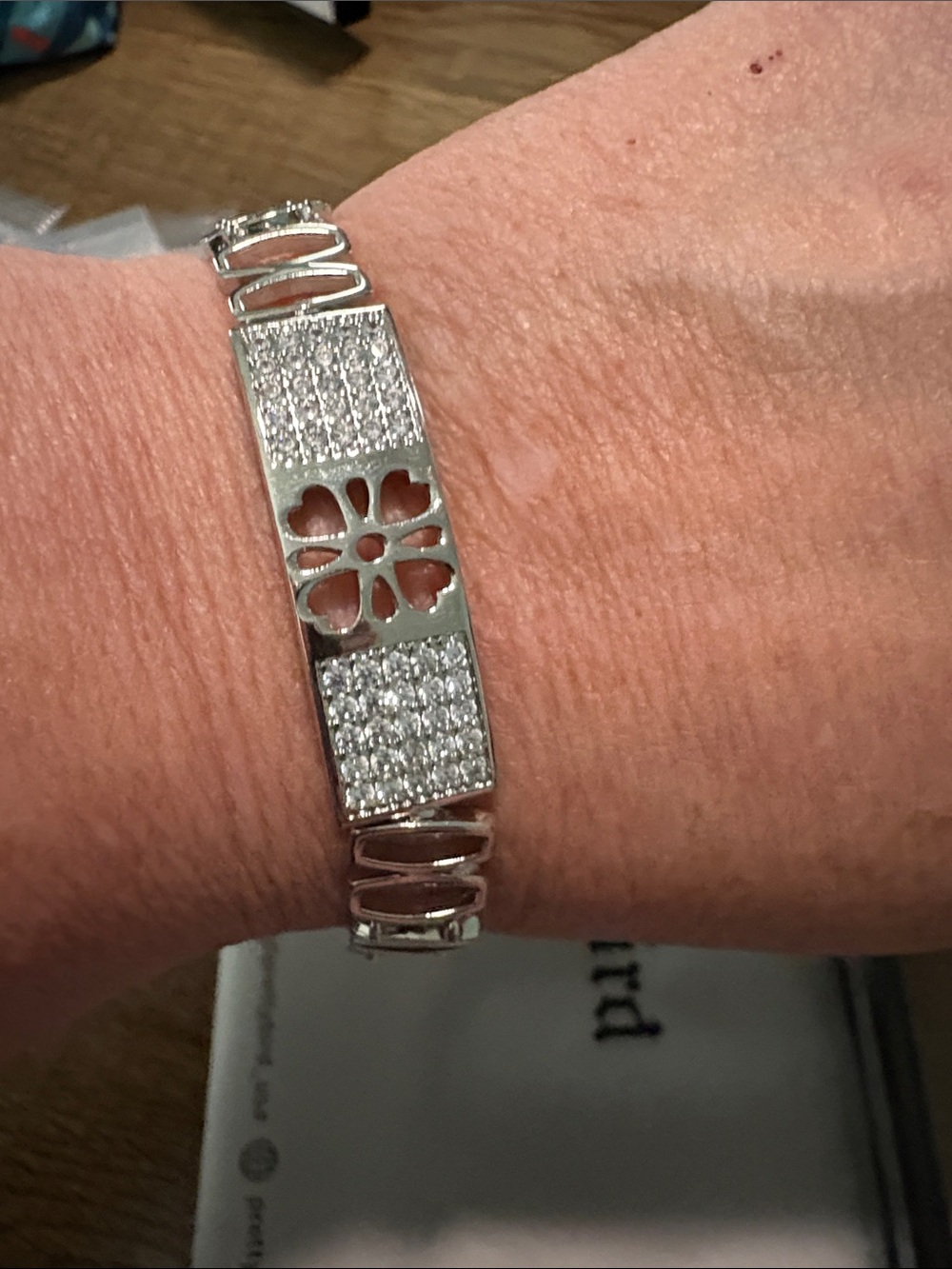Pretty Bird Silver-Tone Floral Pavé Bracelet and Geometric Link Ring Set
